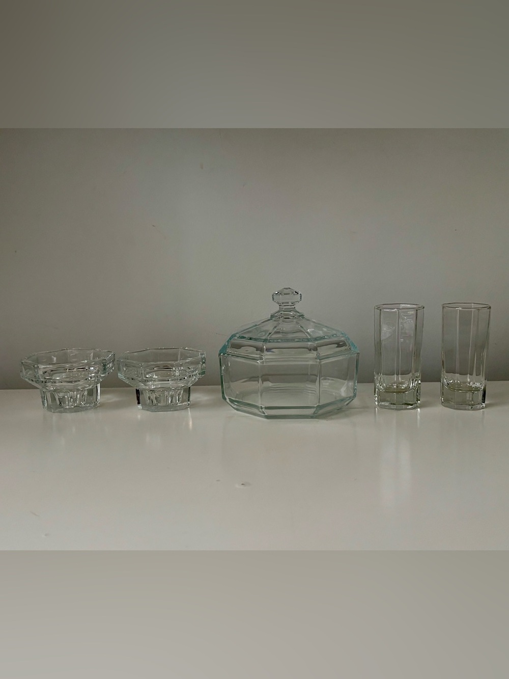 Vintage Arcoroc Octime Clear Glass Set Candy Dish Candle Holders Shooters